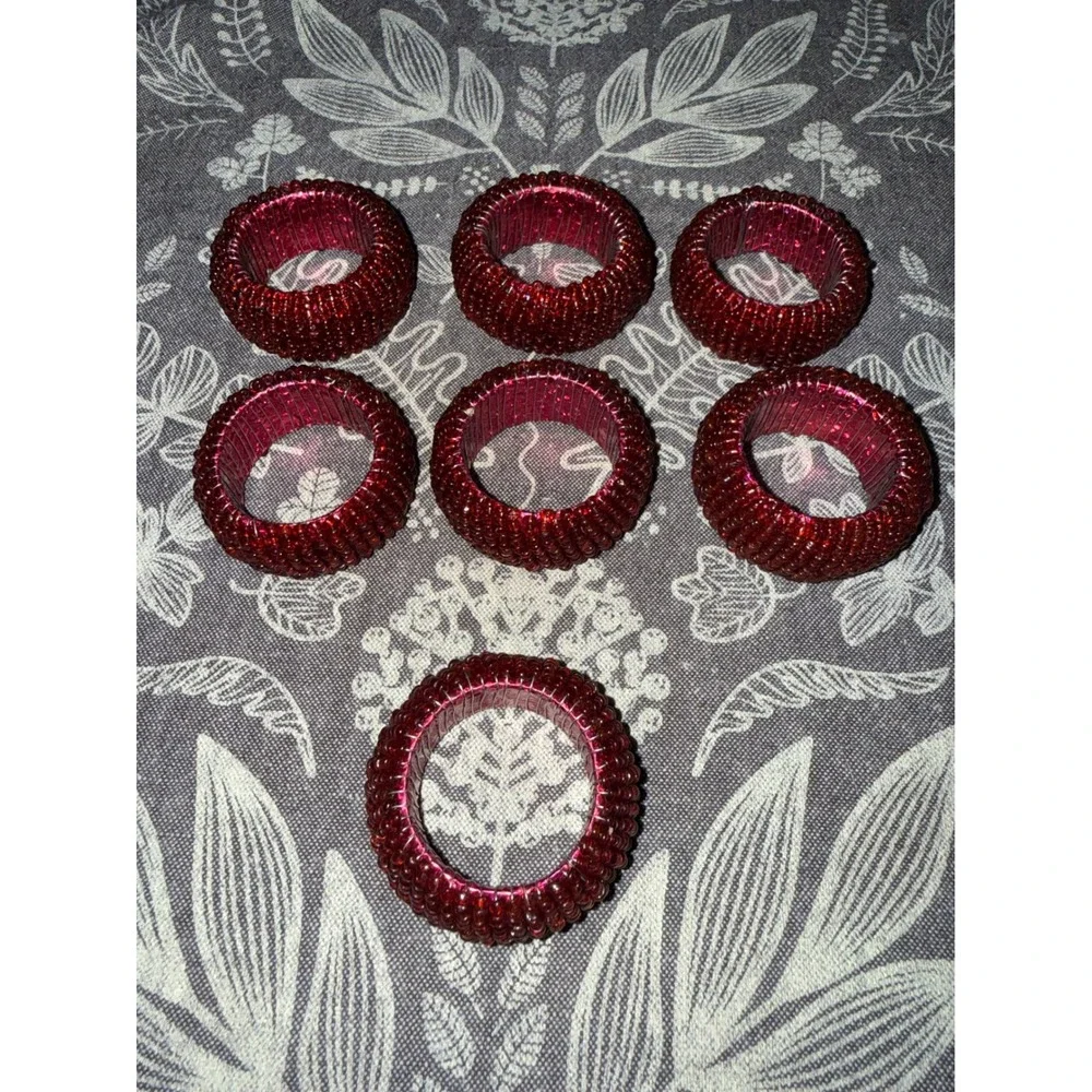 Set of 7 Red Beaded Napkin Rings Festive Holiday Christmas Table Decor Metallic